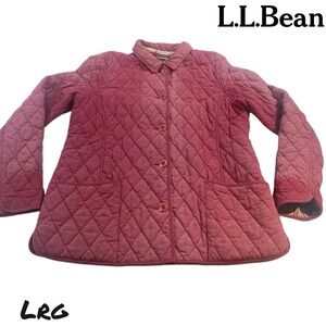 LL Bean Coat Womens LARGE Red Quilted Barn Chore Jacket Pockets Button Lined